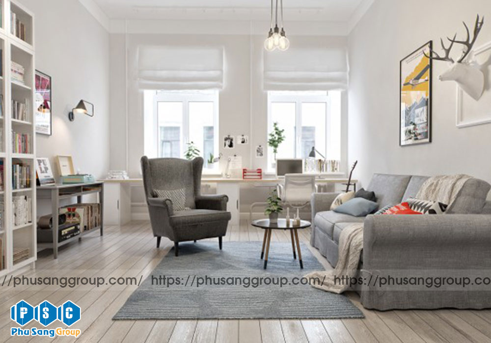Phòng khách kết hợp không gian đọc sách
